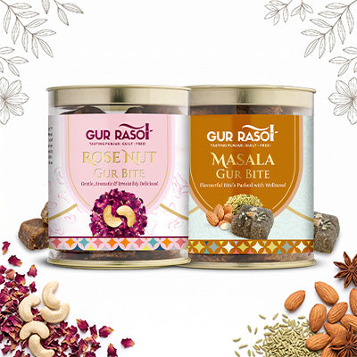 Flavoured Gur Bites Combo – Rose & Masala Delight!